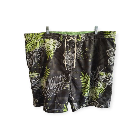 Caribbean Joe Swim Trunks Men Size XXL Black Green Tropical Lined Swimwear - Picture 1 of 6